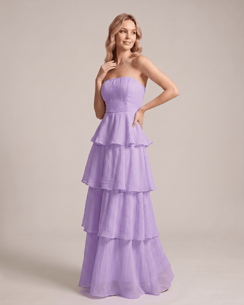 Serelune Maxi Dress by Lauven — chiffon strapless tiered A-line maxi dress
