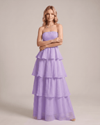 Serelune Maxi Dress by Lauven — chiffon strapless tiered A-line maxi dress