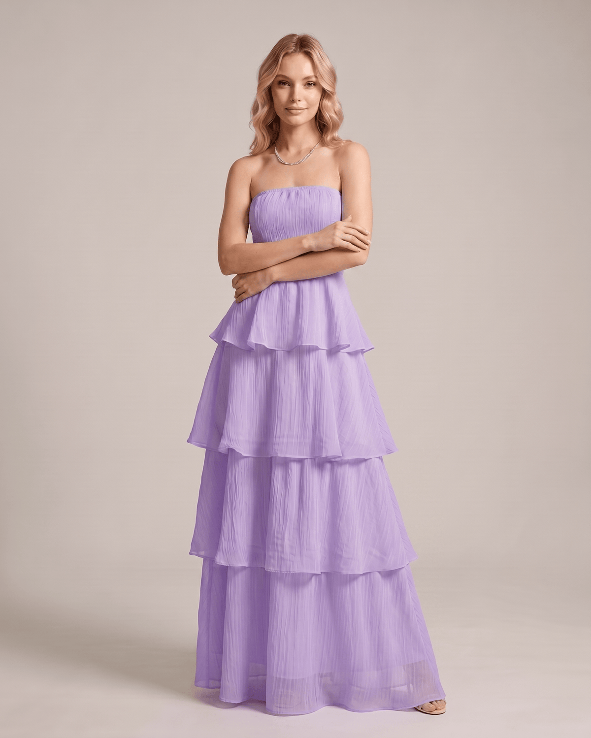 Serelune Maxi Dress by Lauven — chiffon strapless tiered A-line maxi dress