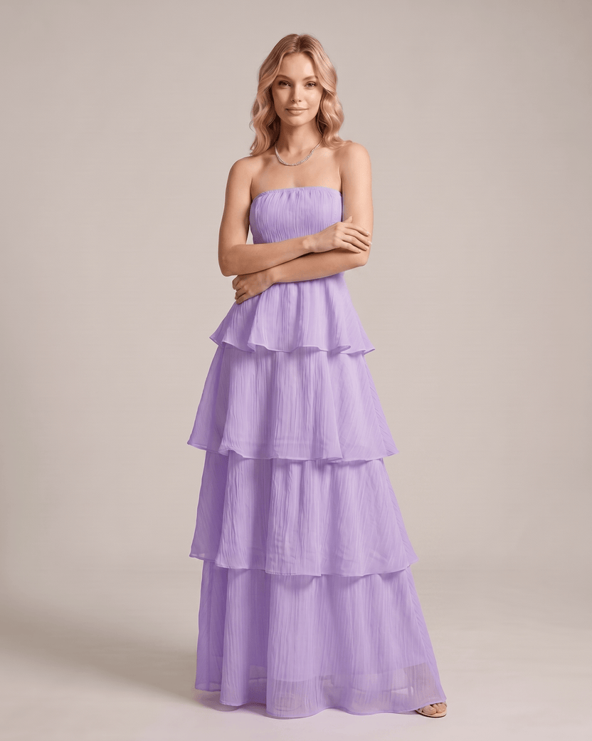 Serelune Maxi Dress by Lauven — chiffon strapless tiered A-line maxi dress