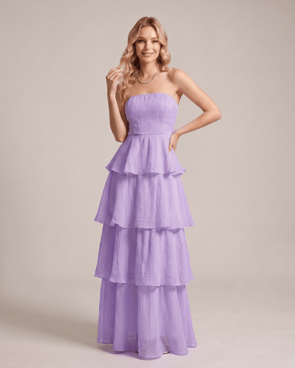 Serelune Maxi Dress by Lauven — chiffon strapless tiered A-line maxi dress
