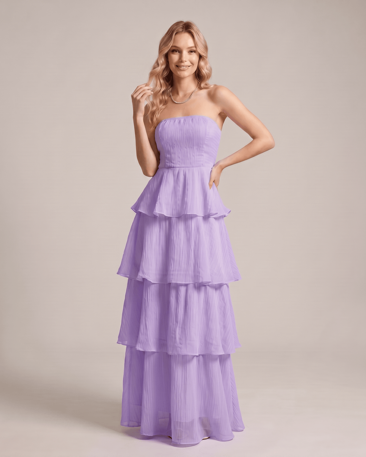 Serelune Maxi Dress by Lauven — chiffon strapless tiered A-line maxi dress