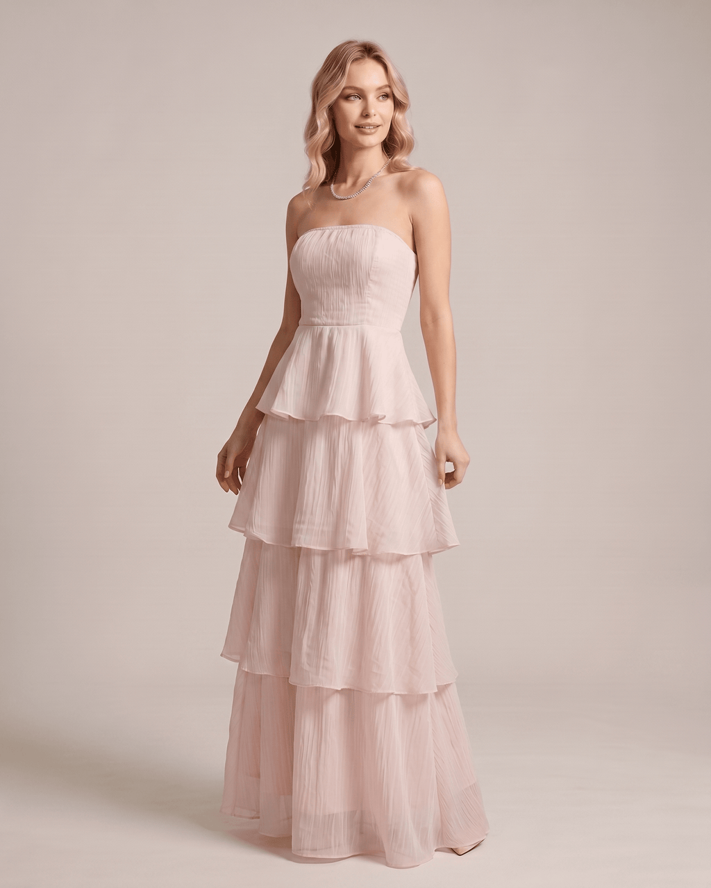 Serelune Maxi Dress by Lauven — chiffon strapless tiered A-line maxi dress