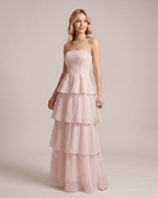 Serelune Maxi Dress by Lauven — chiffon strapless tiered A-line maxi dress