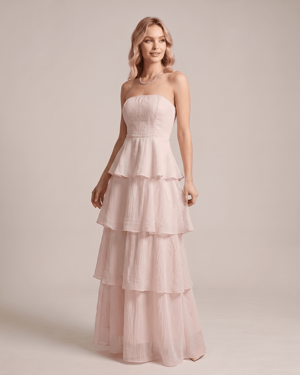 Serelune Maxi Dress by Lauven — chiffon strapless tiered A-line maxi dress
