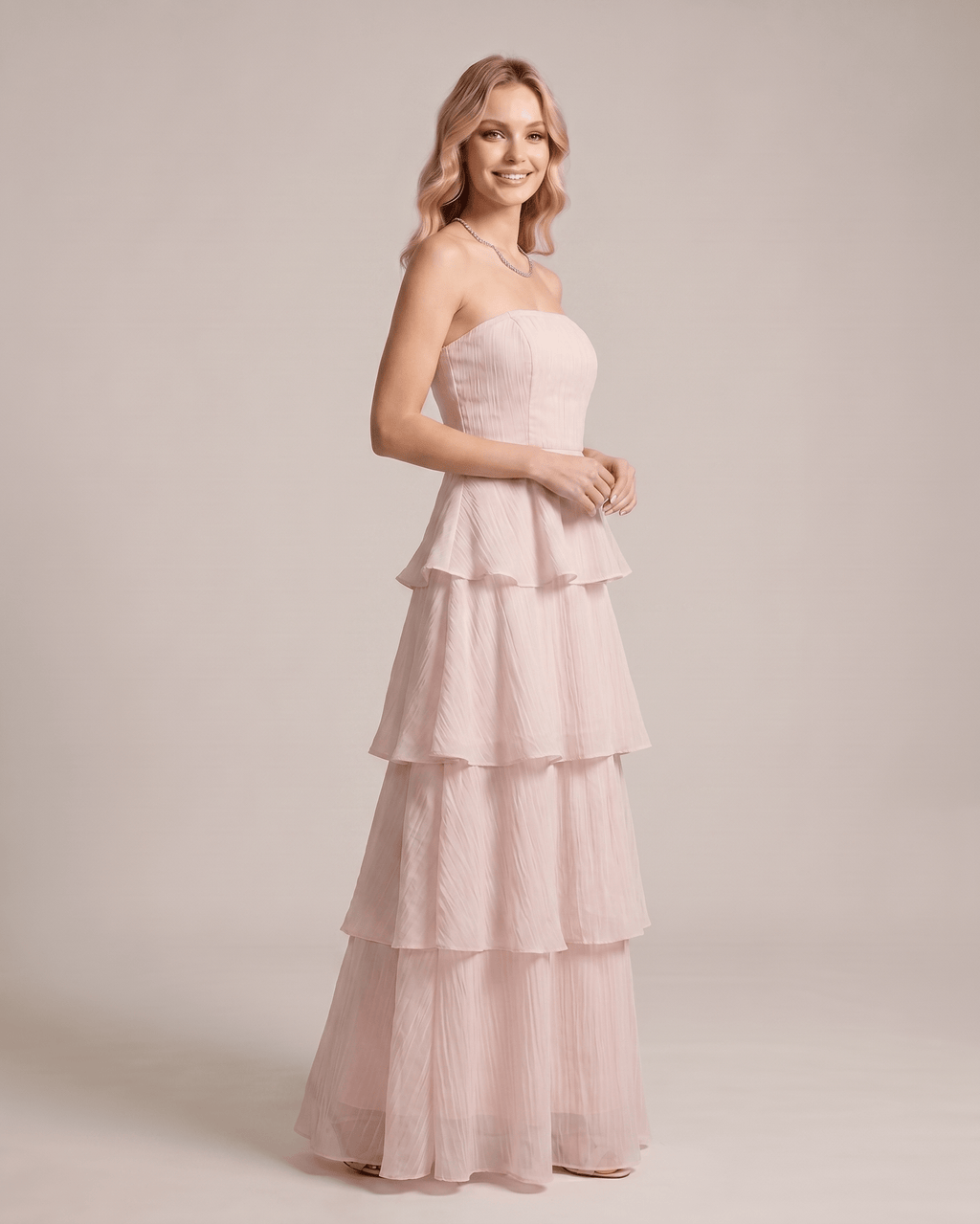 Serelune Maxi Dress by Lauven — chiffon strapless tiered A-line maxi dress