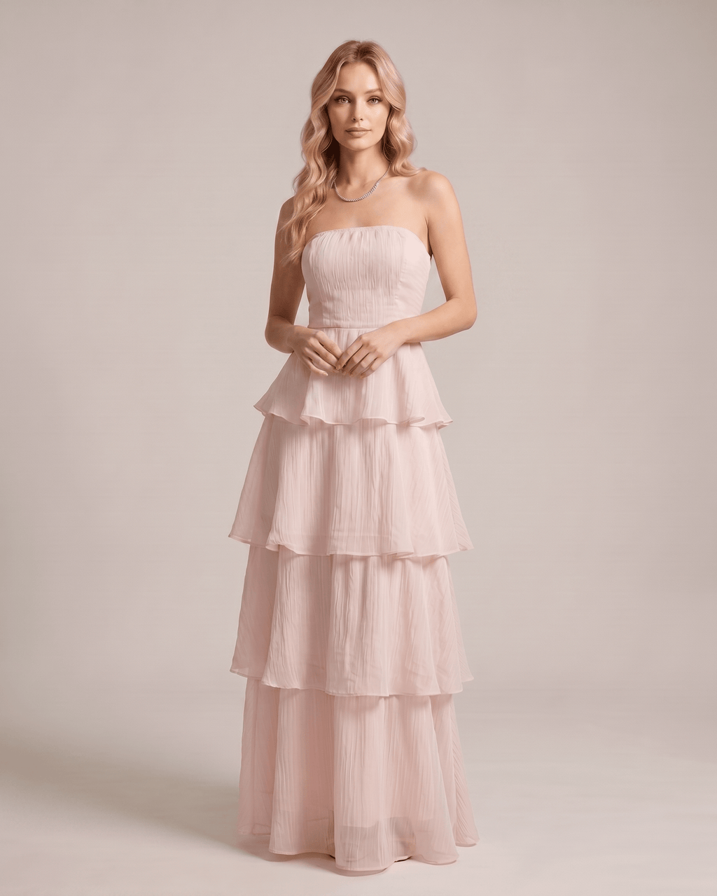 Serelune Maxi Dress by Lauven — chiffon strapless tiered A-line maxi dress