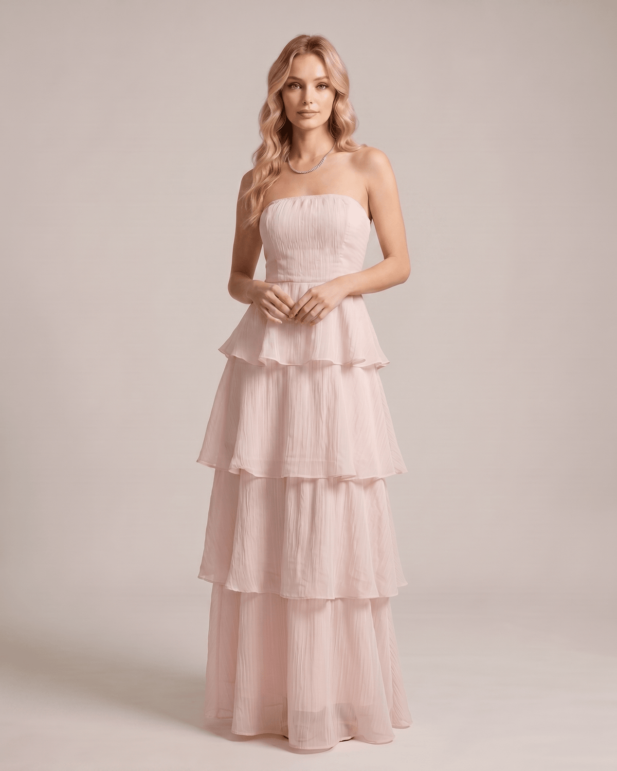 Serelune Maxi Dress by Lauven — chiffon strapless tiered A-line maxi dress