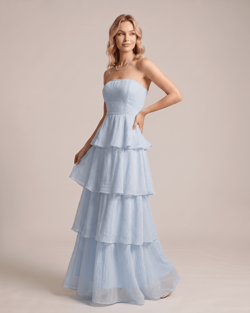 Serelune Maxi Dress by Lauven — chiffon strapless tiered A-line maxi dress