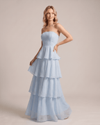 Serelune Maxi Dress by Lauven — chiffon strapless tiered A-line maxi dress
