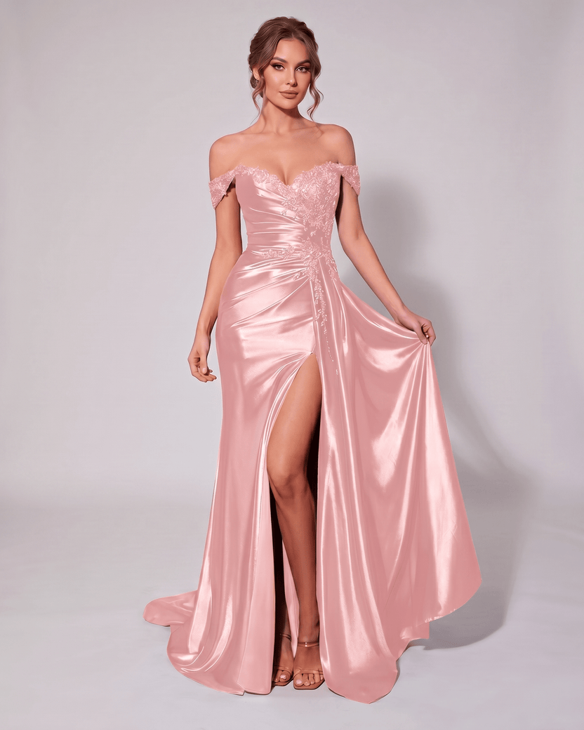 Veloura Maxi Dress by Lauven — pink satin off-shoulder sweetheart mermaid maxi dress