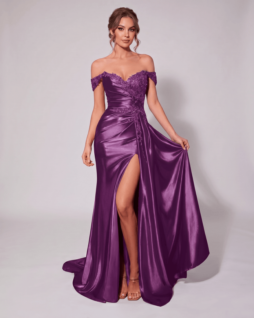 Veloura Maxi Dress by Lauven — purple satin off-shoulder sweetheart mermaid maxi dress