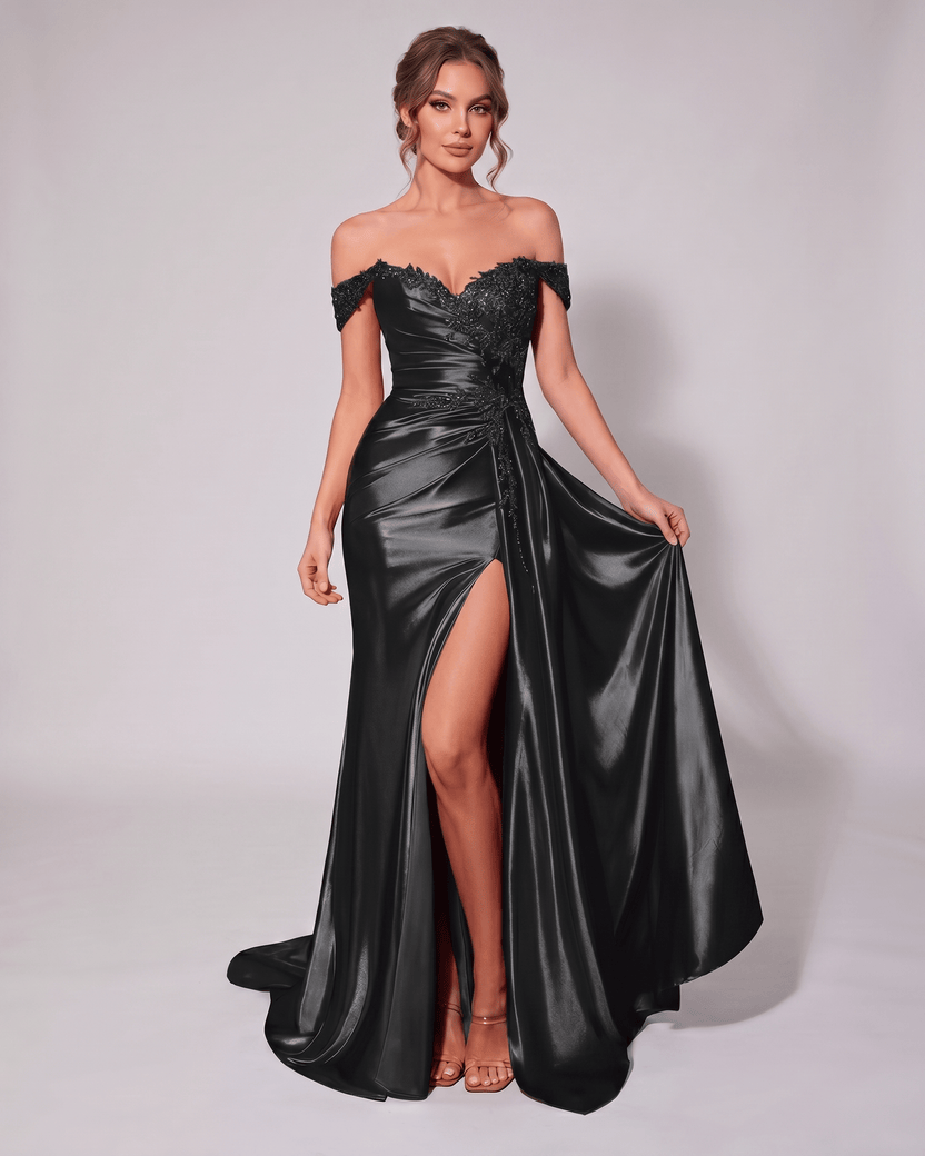 Veloura Maxi Dress by Lauven — black satin off-shoulder sweetheart mermaid maxi dress