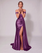 Veloura Maxi Dress by Lauven — satin off-shoulder sweetheart mermaid maxi dress