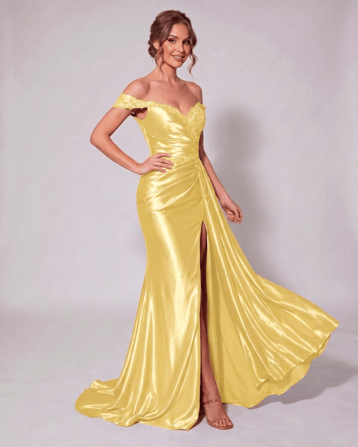 Veloura Maxi Dress by Lauven — satin off-shoulder sweetheart mermaid maxi dress