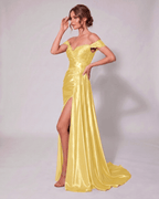 Veloura Maxi Dress by Lauven — satin off-shoulder sweetheart mermaid maxi dress