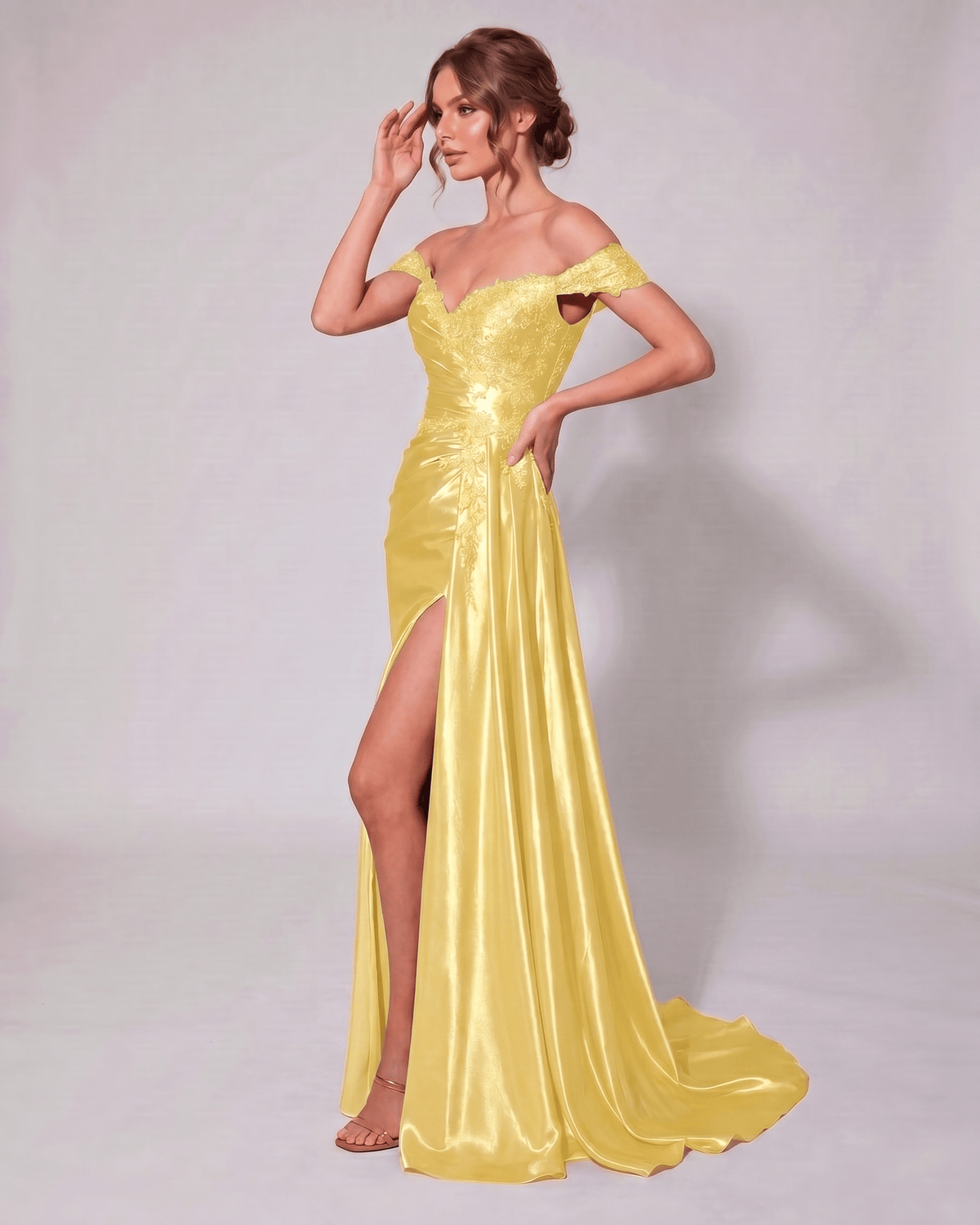 Veloura Maxi Dress by Lauven — satin off-shoulder sweetheart mermaid maxi dress