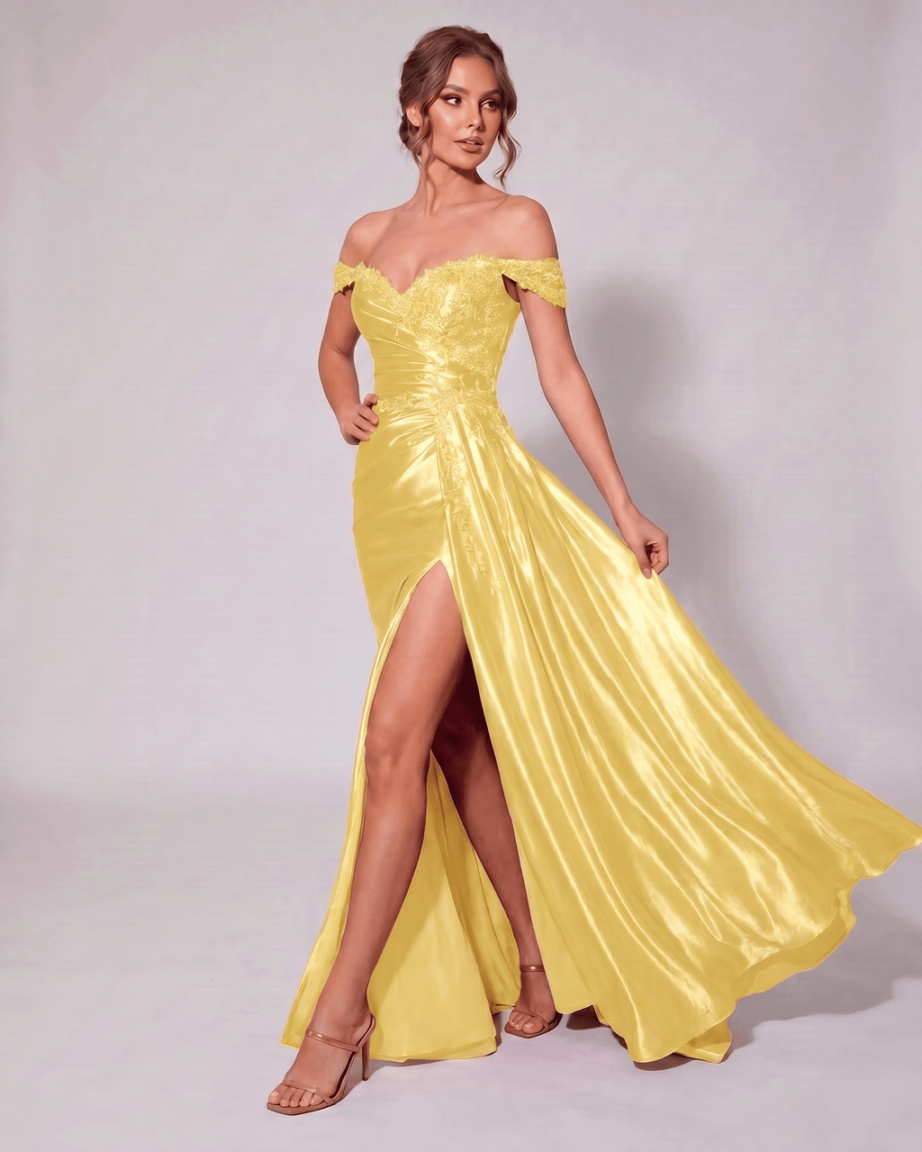 Veloura Maxi Dress by Lauven — satin off-shoulder sweetheart mermaid maxi dress