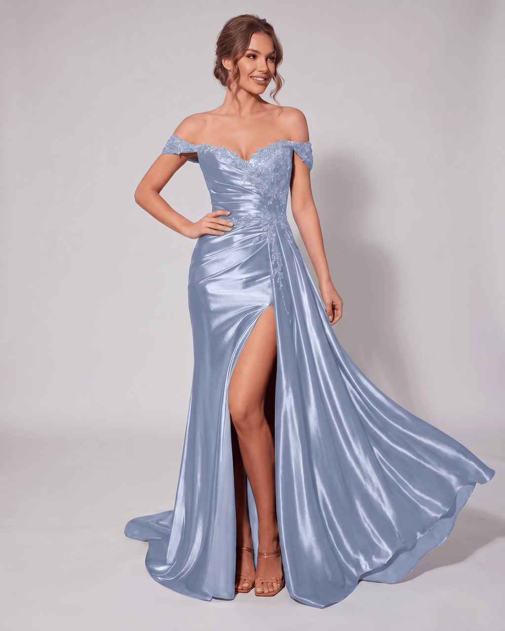 Veloura Maxi Dress by Lauven — satin off-shoulder sweetheart mermaid maxi dress