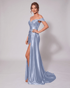 Veloura Maxi Dress by Lauven — satin off-shoulder sweetheart mermaid maxi dress