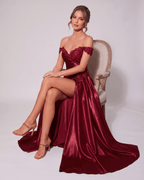 Veloura Maxi Dress by Lauven — satin off-shoulder sweetheart mermaid maxi dress