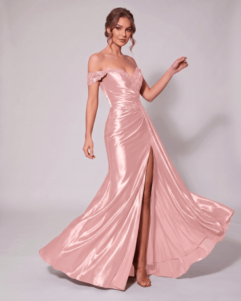 Veloura Maxi Dress by Lauven — satin off-shoulder sweetheart mermaid maxi dress
