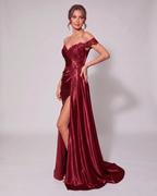 Veloura Maxi Dress by Lauven — satin off-shoulder sweetheart mermaid maxi dress