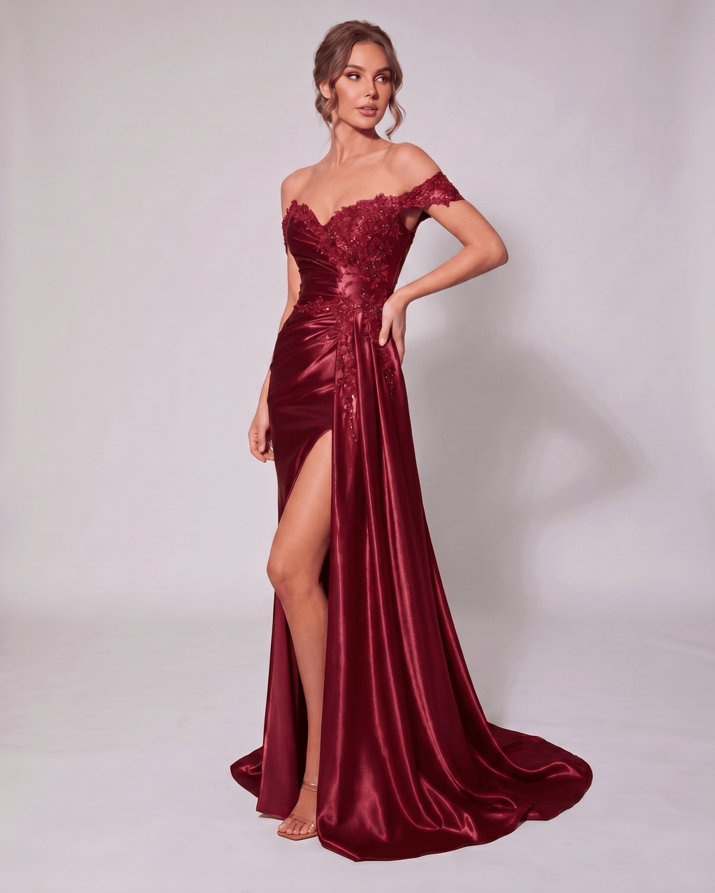 Veloura Maxi Dress by Lauven — satin off-shoulder sweetheart mermaid maxi dress