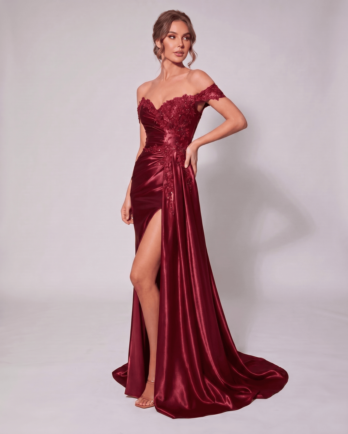 Veloura Maxi Dress by Lauven — satin off-shoulder sweetheart mermaid maxi dress