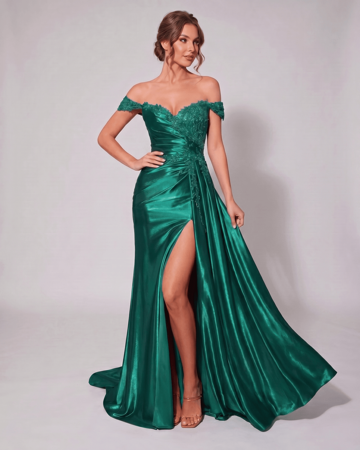 Veloura Maxi Dress by Lauven — satin off-shoulder sweetheart mermaid maxi dress