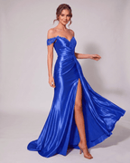 Veloura Maxi Dress by Lauven — satin off-shoulder sweetheart mermaid maxi dress