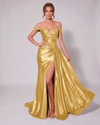 Veloura Maxi Dress by Lauven — satin off-shoulder sweetheart mermaid maxi dress