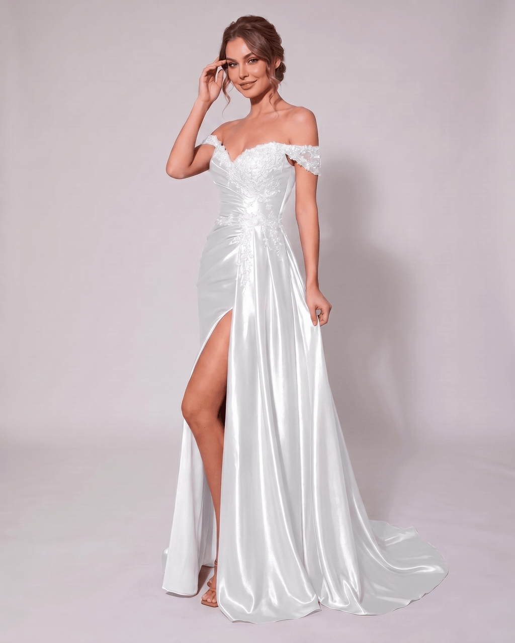 Veloura Maxi Dress by Lauven — satin off-shoulder sweetheart mermaid maxi dress