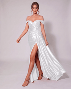 Veloura Maxi Dress by Lauven — satin off-shoulder sweetheart mermaid maxi dress