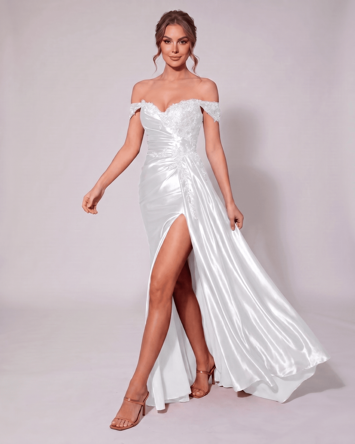 Veloura Maxi Dress by Lauven — satin off-shoulder sweetheart mermaid maxi dress