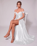 Veloura Maxi Dress by Lauven — satin off-shoulder sweetheart mermaid maxi dress