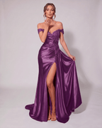 Veloura Maxi Dress by Lauven — satin off-shoulder sweetheart mermaid maxi dress
