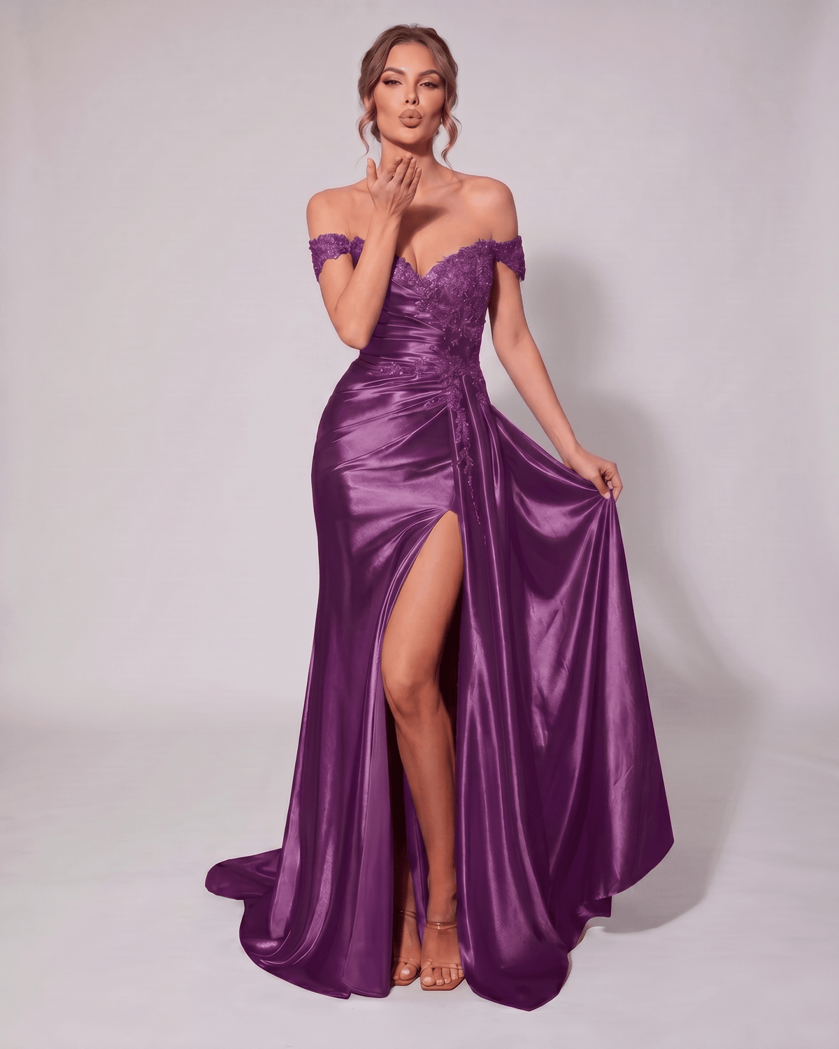 Veloura Maxi Dress by Lauven — satin off-shoulder sweetheart mermaid maxi dress