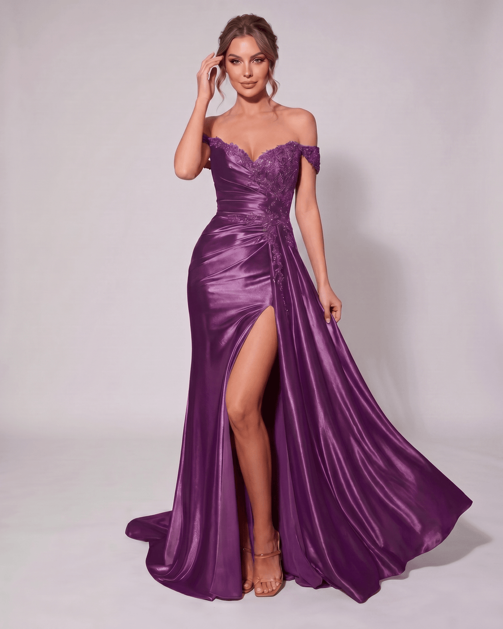 Veloura Maxi Dress by Lauven — satin off-shoulder sweetheart mermaid maxi dress