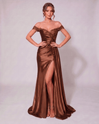 Veloura Maxi Dress by Lauven — satin off-shoulder sweetheart mermaid maxi dress