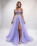 Celestia Maxi Dress by Lauven — lilac tulle lace off-shoulder sweetheart A-line maxi dress