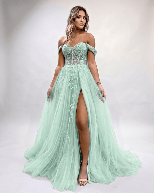 Celestia Maxi Dress by Lauven — sage green tulle lace off-shoulder sweetheart A-line maxi dress