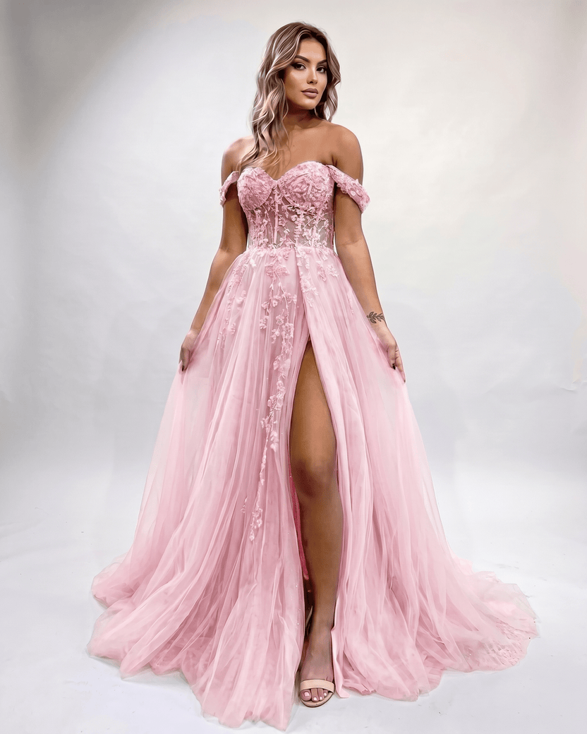 Celestia Maxi Dress by Lauven — pink tulle lace off-shoulder sweetheart A-line maxi dress