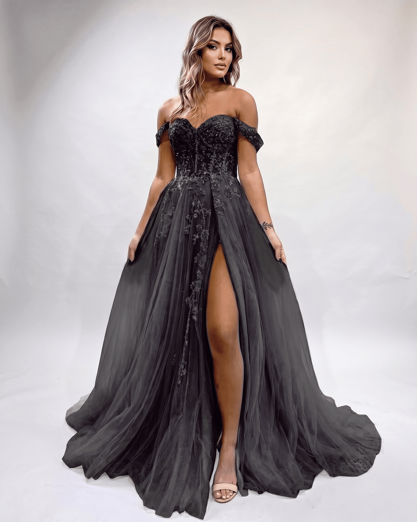 Celestia Maxi Dress by Lauven — black tulle lace off-shoulder sweetheart A-line maxi dress