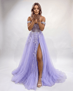 Celestia Maxi Dress by Lauven — tulle lace off-shoulder sweetheart A-line maxi dress