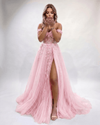Celestia Maxi Dress by Lauven — tulle lace off-shoulder sweetheart A-line maxi dress