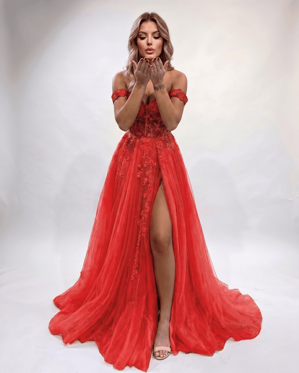 Celestia Maxi Dress by Lauven — tulle lace off-shoulder sweetheart A-line maxi dress