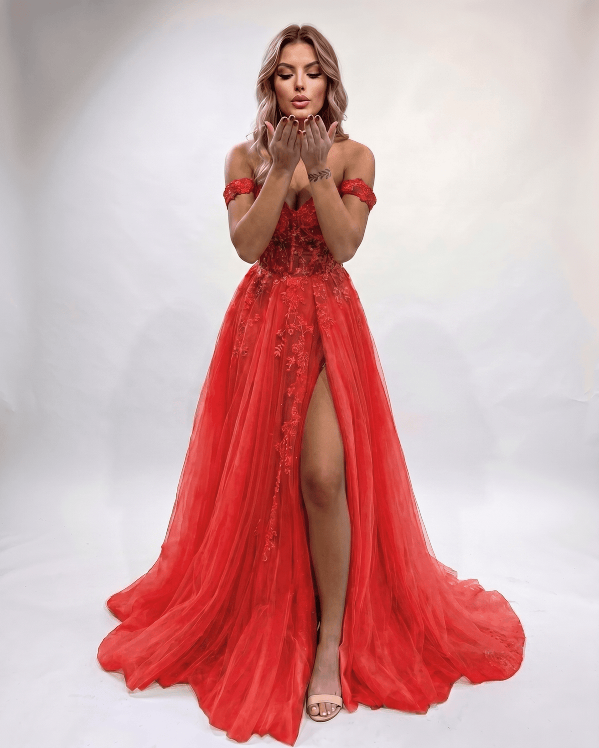 Celestia Maxi Dress by Lauven — tulle lace off-shoulder sweetheart A-line maxi dress