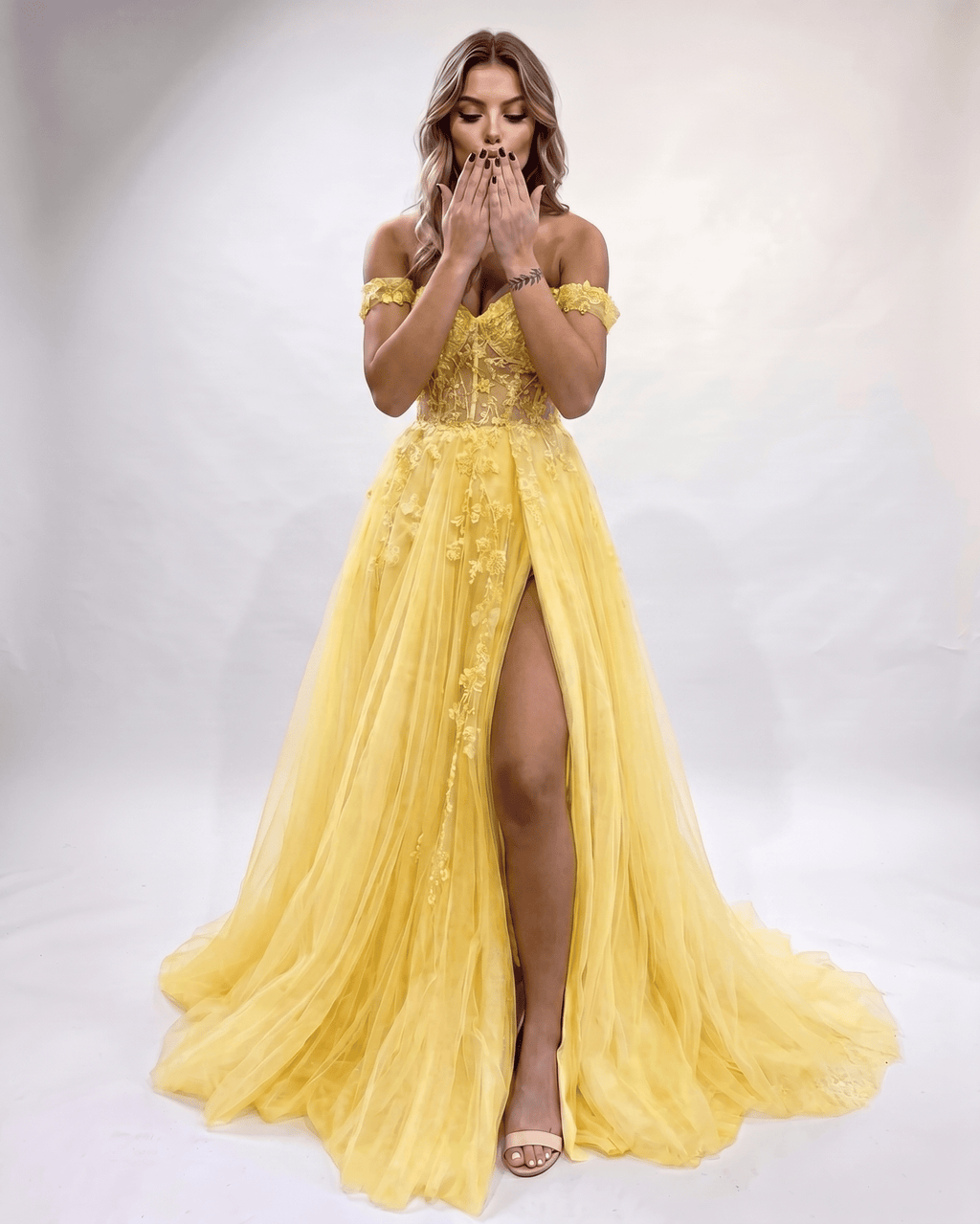 Celestia Maxi Dress by Lauven — tulle lace off-shoulder sweetheart A-line maxi dress