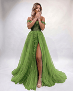 Celestia Maxi Dress by Lauven — tulle lace off-shoulder sweetheart A-line maxi dress